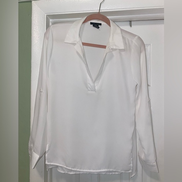 White Collared Tunic, Pullover Blouse With Roll Tab Sleeves, Size S - Picture 3 of 9